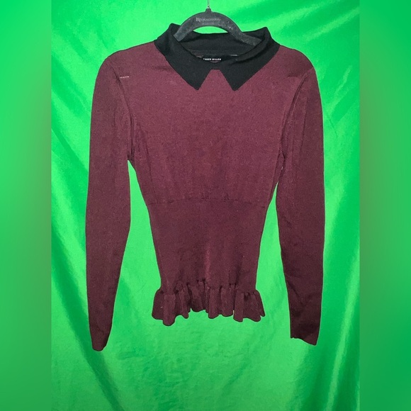 Karen Millen Burgundy Peplum Sweater with Black Collar size 4 - Picture 1 of 6